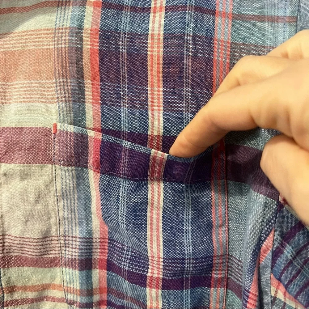 Tommy Bahama Linen Blue and Pink Plaid Button-Down Shirt size medium